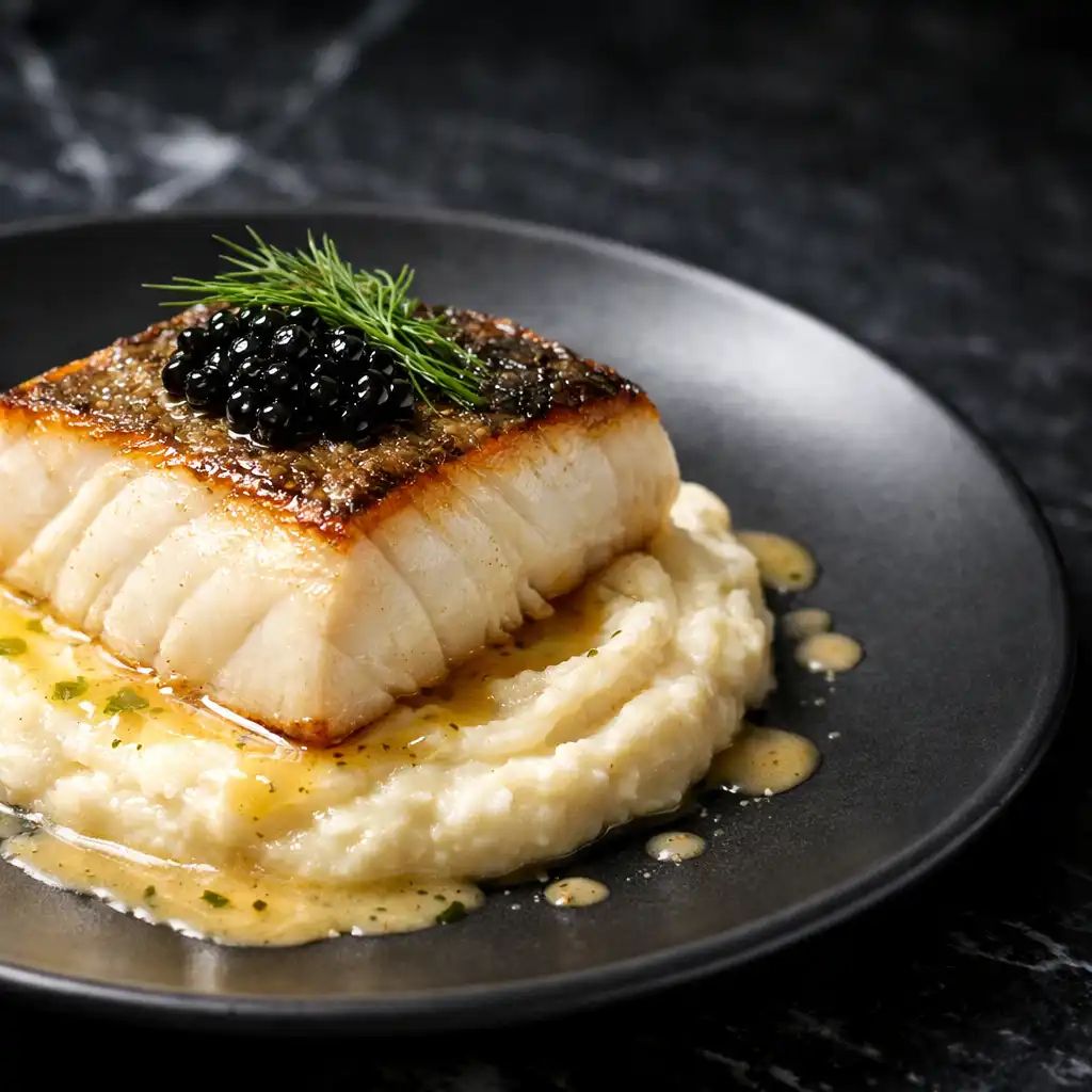 Halibut z puree z kalafiora i kawiorem