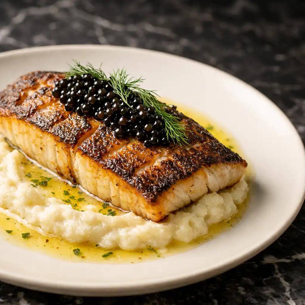 Halibut w maśle cytrynowym z puree z kalafiora i kawiorem