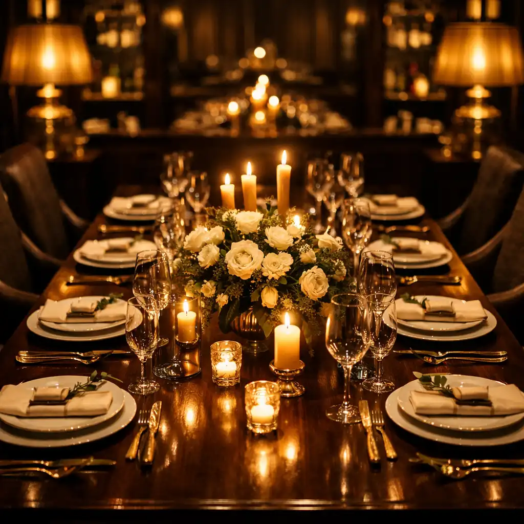 Elegancko nakryty stół w restauracji Xevuqano podczas prywatnego przyjęcia