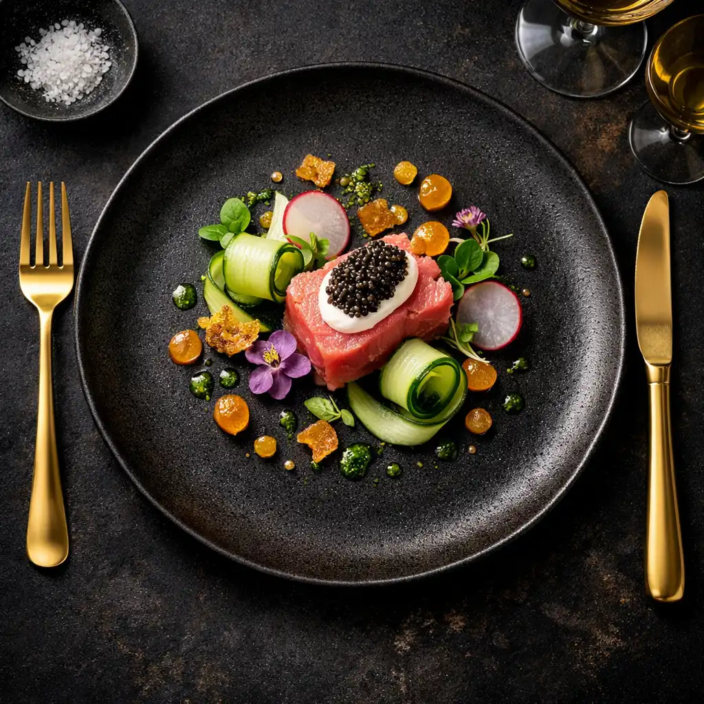 Eleganckie danie fine dining na ciemnym tle ze złotymi sztućcami
