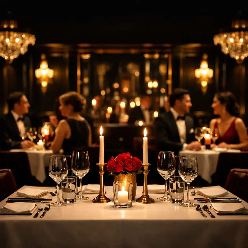 Elegancka sala restauracyjna Xevuqano z nastrojowym oświetleniem i nakrytym stołem